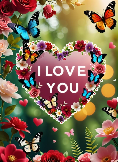 A heart with butterflies and flowers surrounding it with the words i love you written in the center of the heart surrounded by butterflies and flowers, love, a picture, lyco art