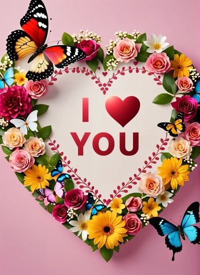 A heart shaped frame with flowers and butterflies around it that says i love you on a pink background with a butterfly flying over it and a, love, a picture, romanticism