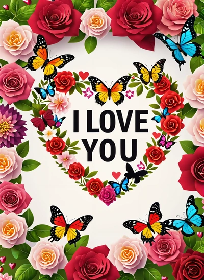 A heart shaped frame with roses and butterflies around it with the words i love you written in the center of the frame and a butterfly on the heart, love, a cross stitch, folk art