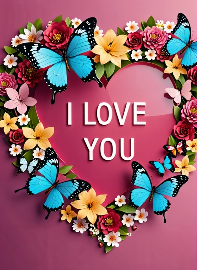 A heart shaped frame with butterflies and flowers around it that says i love you on a pink background with a pink heart and a pink heart, love, a picture, lyco art