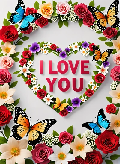 A heart shaped frame with flowers and butterflies around it with the words i love you written on it in the center of the heart surrounded by butterflies, love, a picture, lyco art