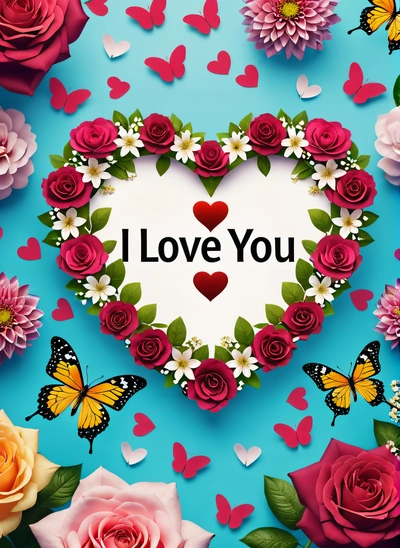 A heart shaped frame with roses and butterflies surrounding it with the words i love you written on it in a center of the heart surrounded by butterflies, love, a digital rendering, lyco art