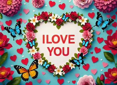 A heart shaped frame with flowers and butterflies surrounding it with the words i love you written in the center of the frame and a butterfly flying over the top, love, computer graphics, lyco art