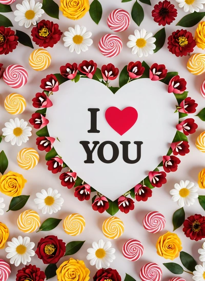 A paper heart surrounded by flowers and candy canes with the words i love you written on it in the center of the heart is a white background with red and yellow and white, love, a stock photo, romanticism