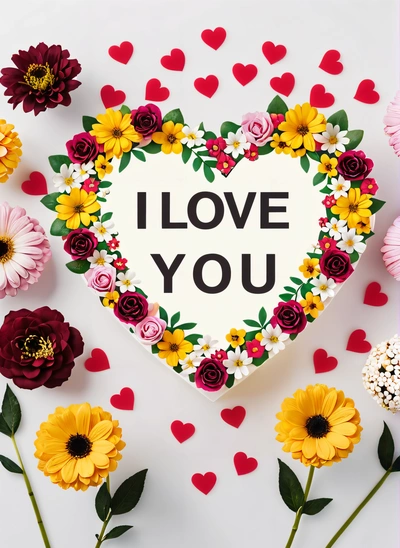 A heart shaped box with flowers and hearts around it that says i love you on a white background with red and yellow flowers and hearts, love, a stock photo, romanticism