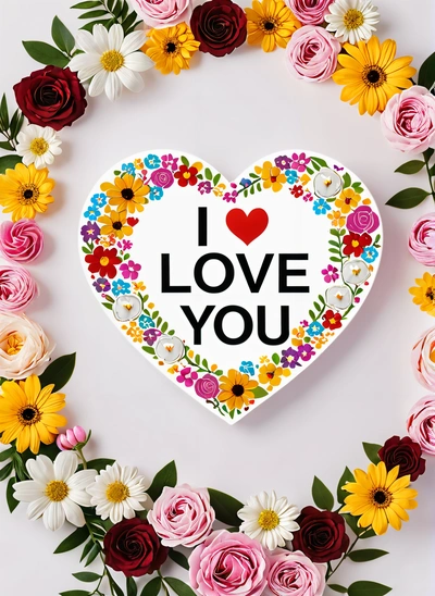 A heart shaped paper cutout with flowers surrounding it and the words i love you on it in a center of flowers on a white background, love, a cross stitch, folk art