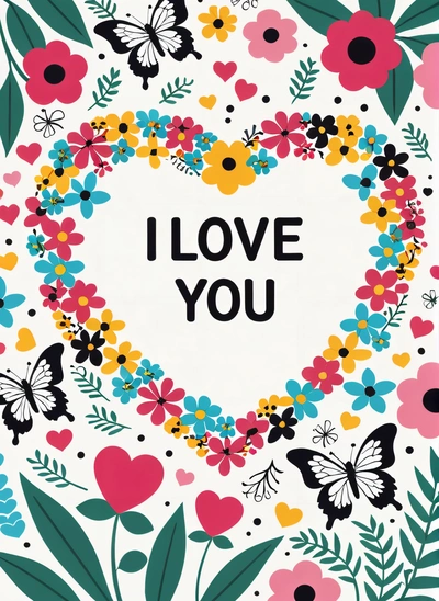 A card with a heart surrounded by flowers and butterflies with the words i love you written in the middle of the card and the words i love written in the middle, love, vector art, romanticism