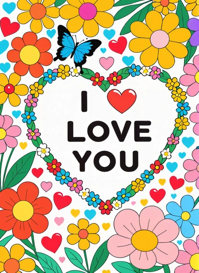 A heart shaped frame with flowers and butterflies on it with the words i love you written in the center of the heart and the words i love you, love, a child's drawing, naive art