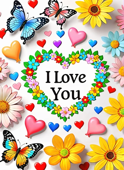 A heart surrounded by flowers and butterflies with the words i love you written in the center of the heart surrounded by butterflies and flowers on a white background, love, a picture, lyco art