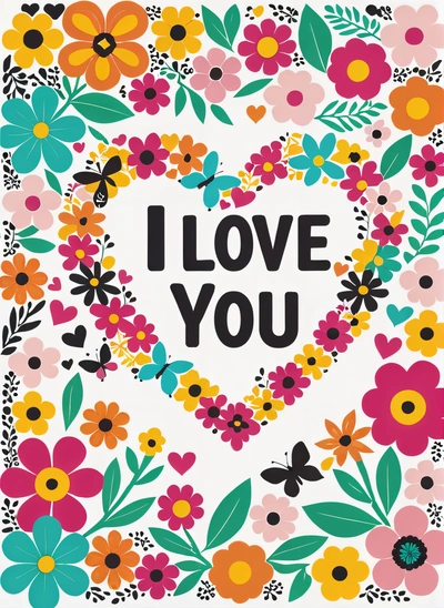 A card with a heart and flowers on it that says i love you in a heart surrounded by butterflies and flowers on a white background, love, a poster, folk art