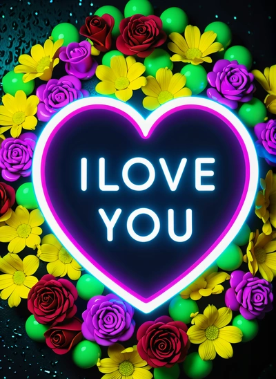 A neon sign that says i love you surrounded by flowers and balls in the shape of a heart with the word i love you written on it, neon lighting, a hologram, holography