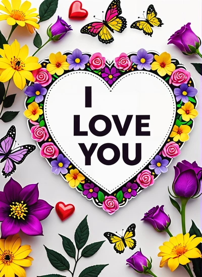 A heart shaped card with flowers and butterflies around it that says i love you on it with a white background and a pink border with a black border, love, a picture, lyco art