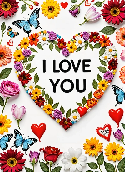A heart shaped frame with flowers and butterflies surrounding it with the words i love you written on it in a center of the heart surrounded by butterflies, love, a cross stitch, folk art