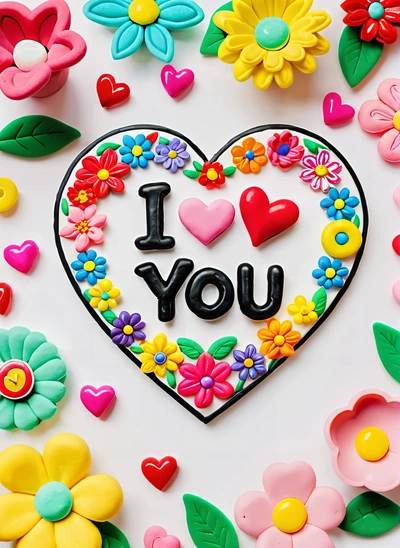 A heart shaped cookie with the words i love you surrounded by flowers and leaves on a white surface with a black outline that says i love you, love, a picture, naive art