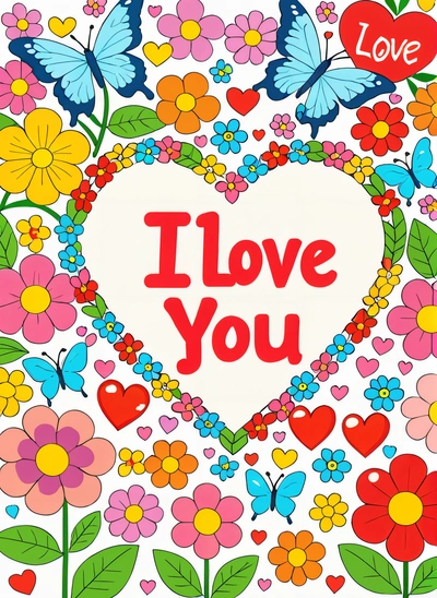 A heart with flowers and butterflies on it with the words i love you written in the center of the heart and the words i love you written in the middle, love, a cross stitch, naive art