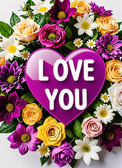 A heart shaped arrangement of flowers with the words i love you written on it in a purple frame with a pink heart surrounded by flowers, love, a digital rendering, lyco art