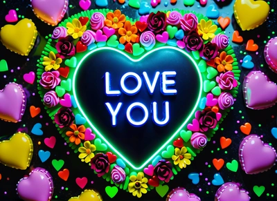 A neon sign that says love you surrounded by hearts and flowers on a black background with hearts and flowers around it and a blue heart, neon lighting, a 3d render, net art