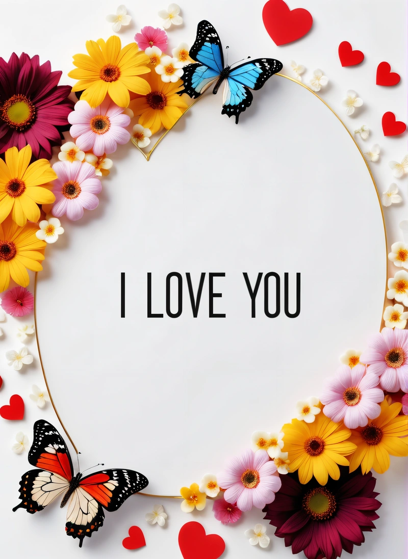 A white card with a picture of a butterfly and flowers surrounding it with the words i love you in the center of the card and a heart, love, a poster, computer art