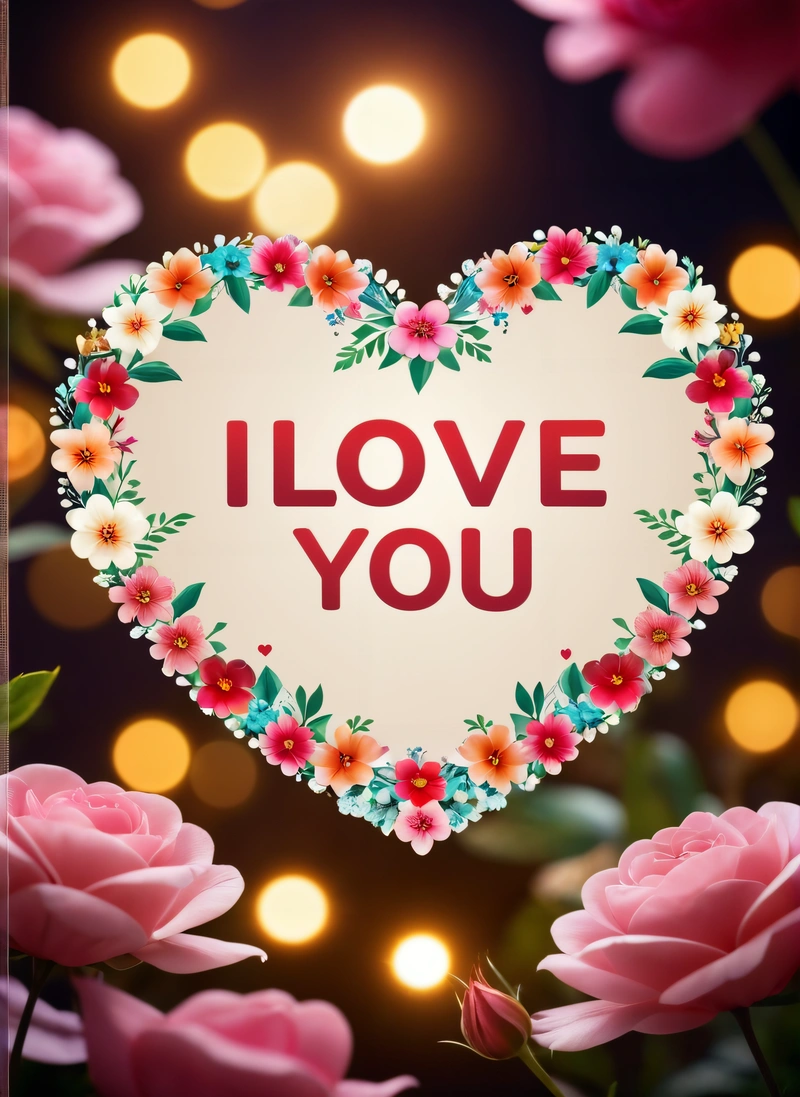 A heart shaped frame with flowers and lights in the background with the words i love you written in the center of the heart and the frame, love, a picture, lyco art