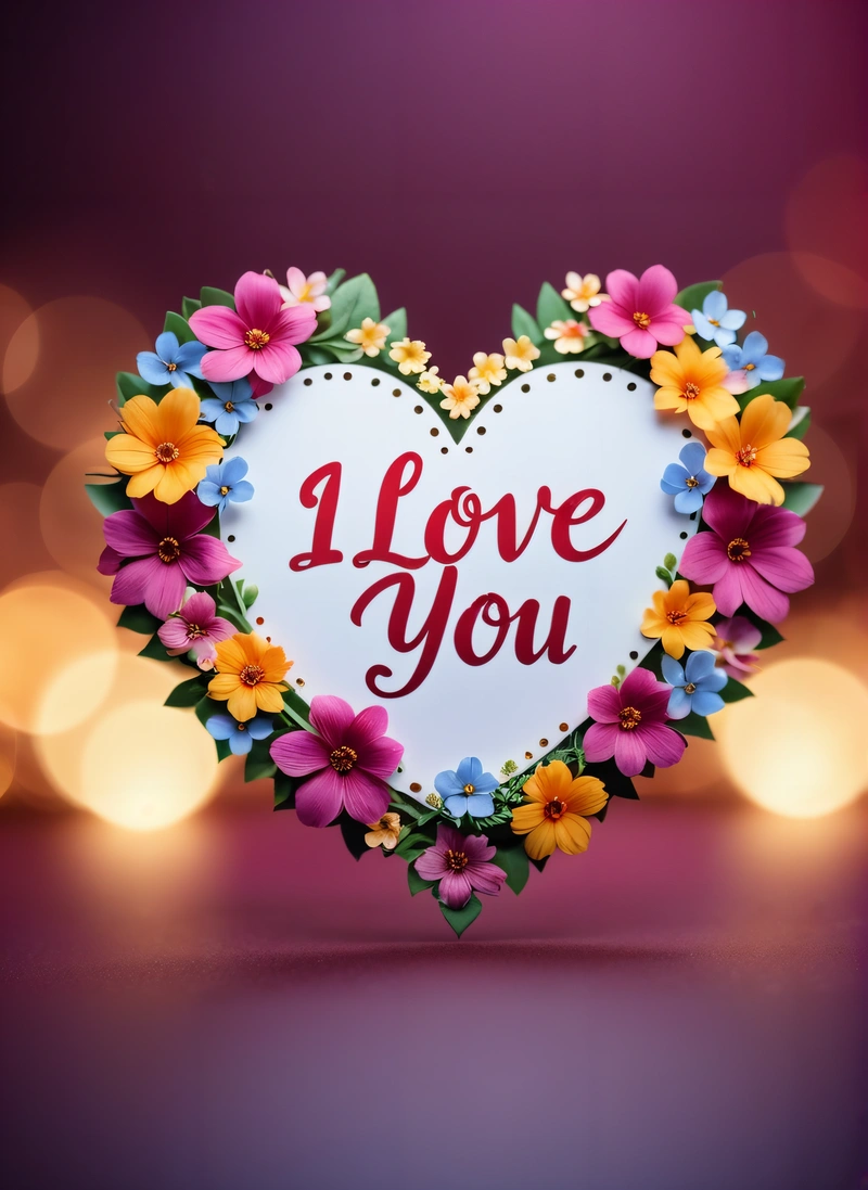 A heart shaped frame with flowers and the words i love you on it in front of a boke of lights and boke of boke lights, love, a stock photo, lyco art