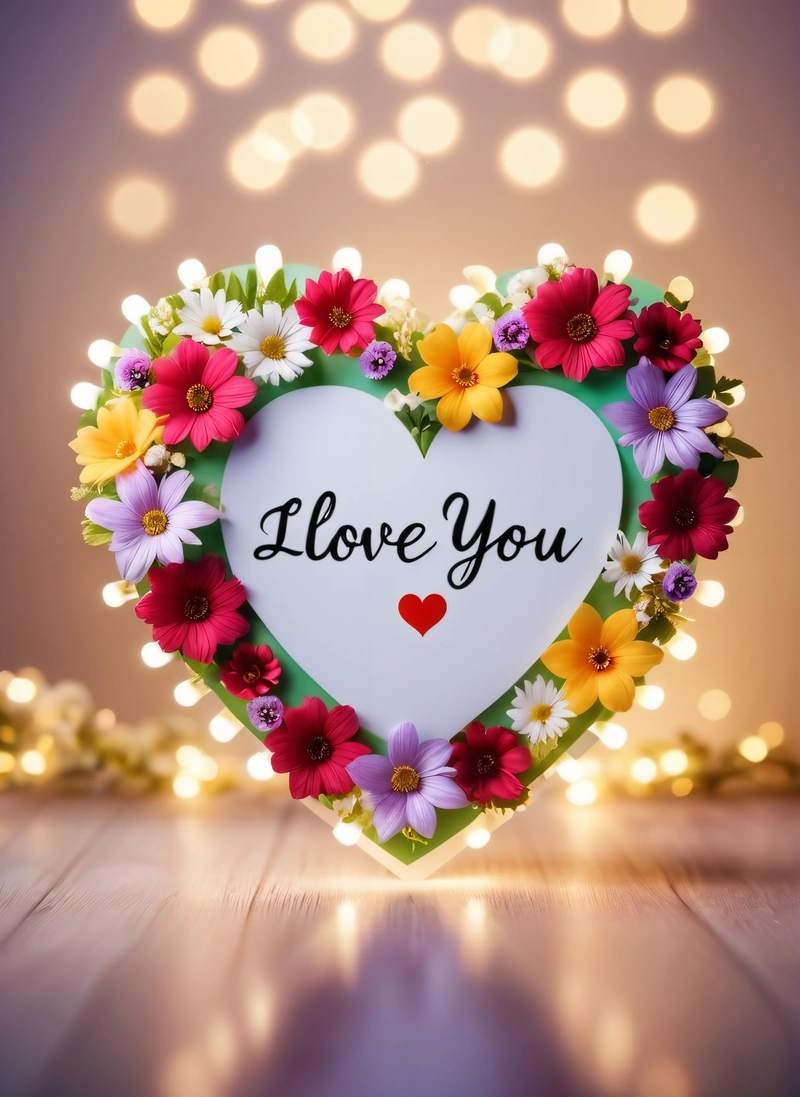 A heart shaped box with flowers and a message i love you on it that says i love you on the front of the box, and a string of lights behind it, love, a stock photo, lyco art