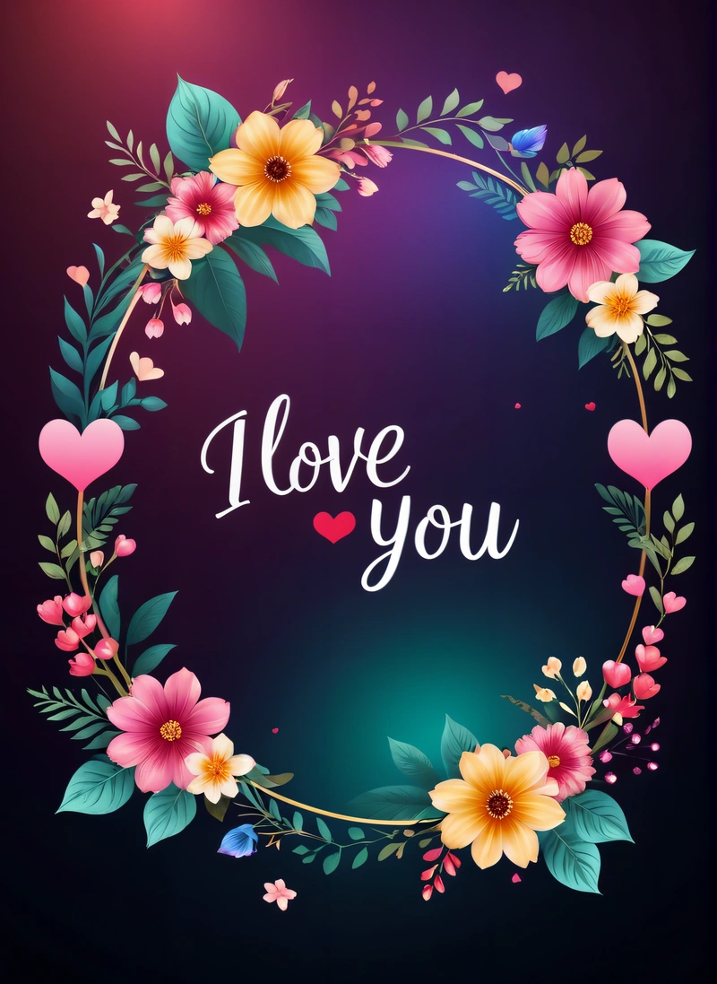 A floral wreath with the words love you in the middle of it and a heart on the bottom of the wreath, surrounded by flowers, love, a picture, computer art