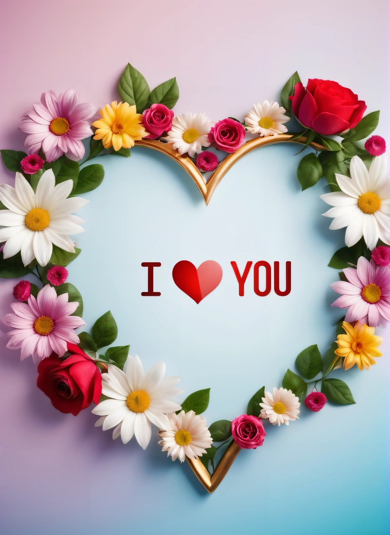 A heart shaped frame with flowers and a message i love you on it that says i love you on the bottom of the heart is a blue background, love, a picture, romanticism