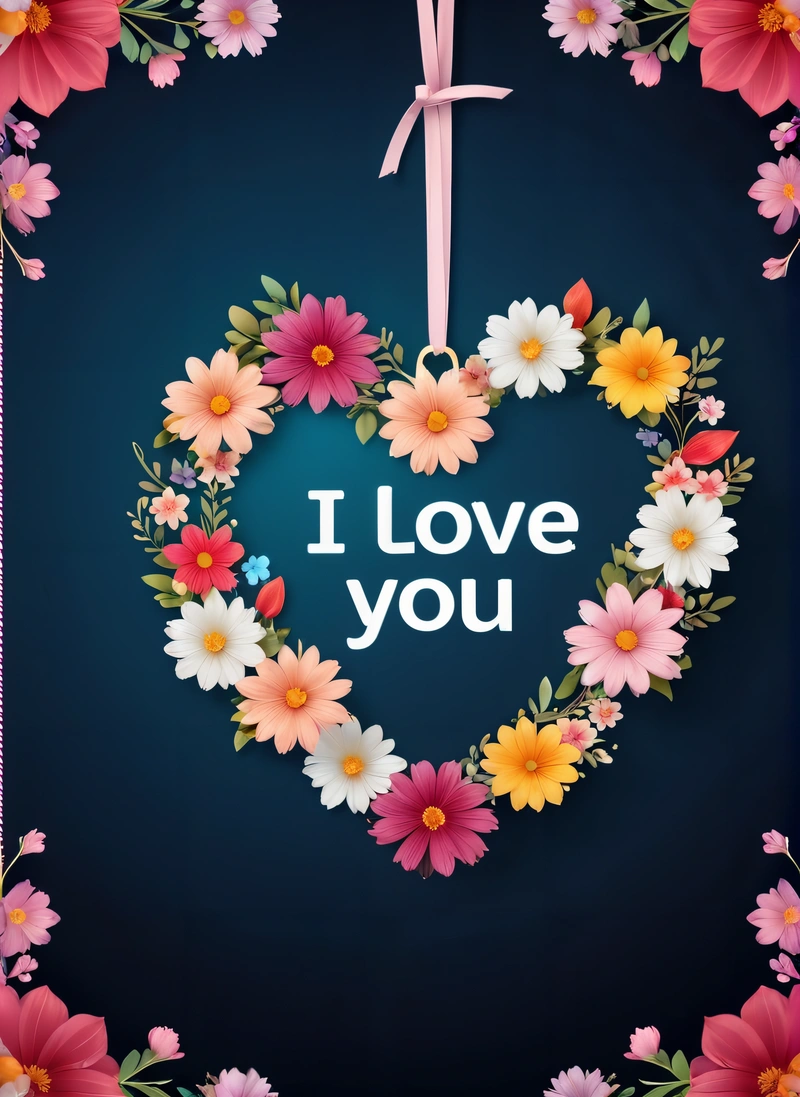 A heart shaped frame with flowers and a ribbon hanging from it's side with the words i love you written on it in the center, love, a picture, lyco art