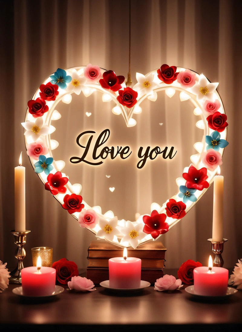A heart shaped sign with candles and flowers on a table with a curtain behind it that says love you with a lit candle and a heart, love, a picture, romanticism