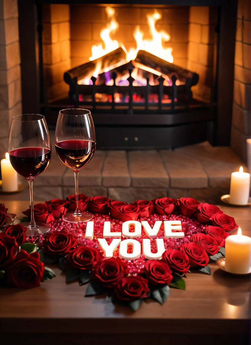 A heart shaped rose arrangement with two glasses of wine and a lit fireplace in the background with i love you written on it and a heart, romantic, a digital rendering, romanticism