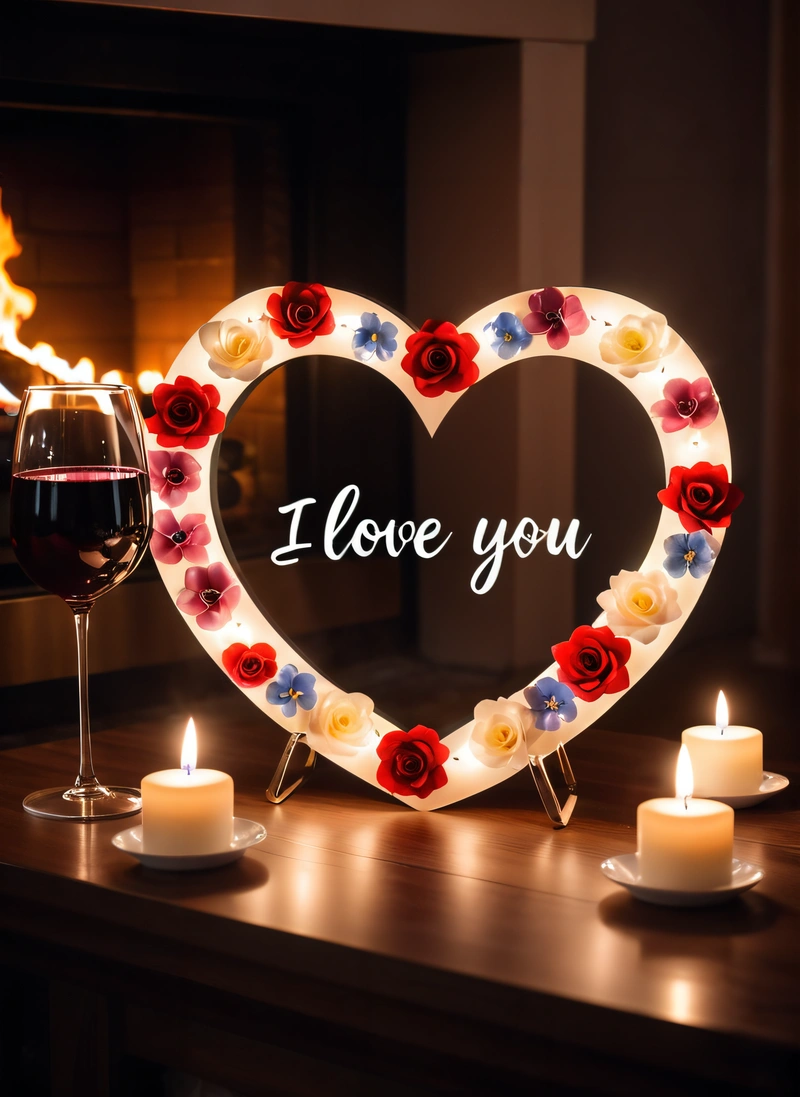 A heart shaped sign with candles and a glass of wine on a table with a fireplace in the background and a lit candle in the middle, romantic, a stock photo, romanticism