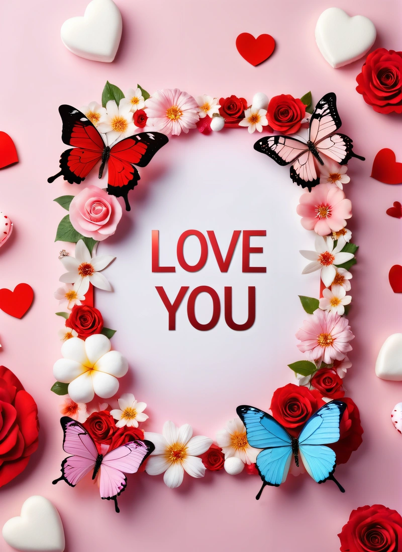 A picture of a heart with flowers and butterflies around it and the words love you written in the middle of the picture with a butterfly, love, a picture, lyco art