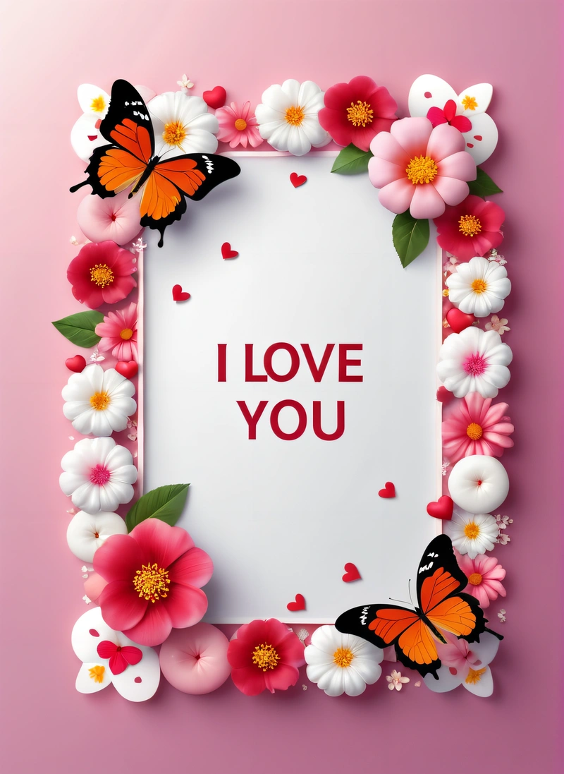 A picture frame with flowers and butterflies on it that says i love you on a pink background with a red heart and a white card, love, a poster, mail art