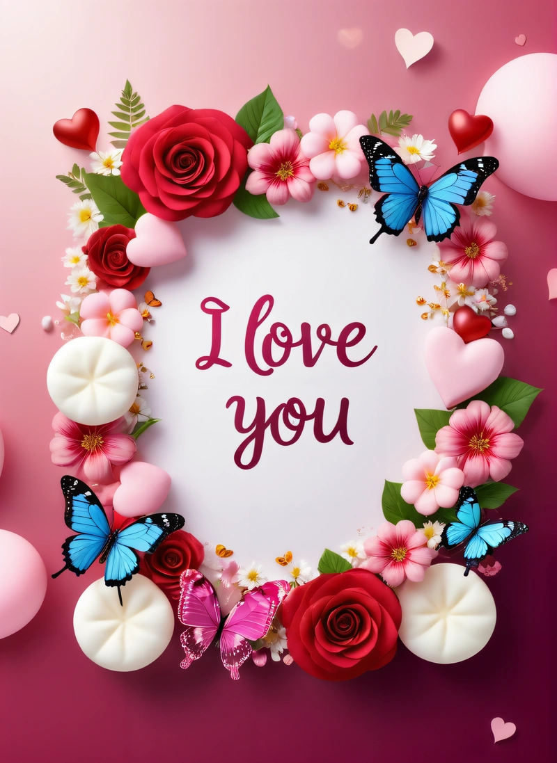 A heart shaped frame with roses and butterflies around it with the words i love you written in the center of the frame and hearts floating around the, love, a cross stitch, lyco art