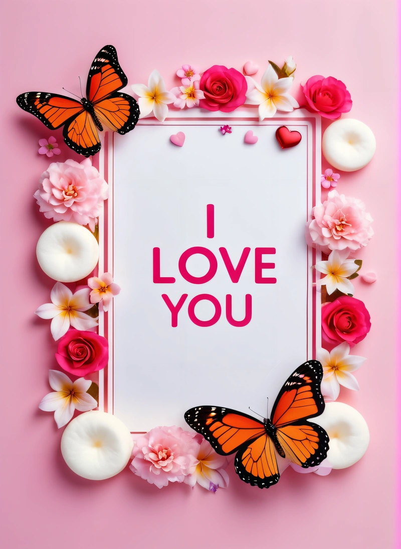 A picture frame with a butterfly and flowers around it with the words i love you written in the center of the frame and the butterflies, love, a poster, lyco art