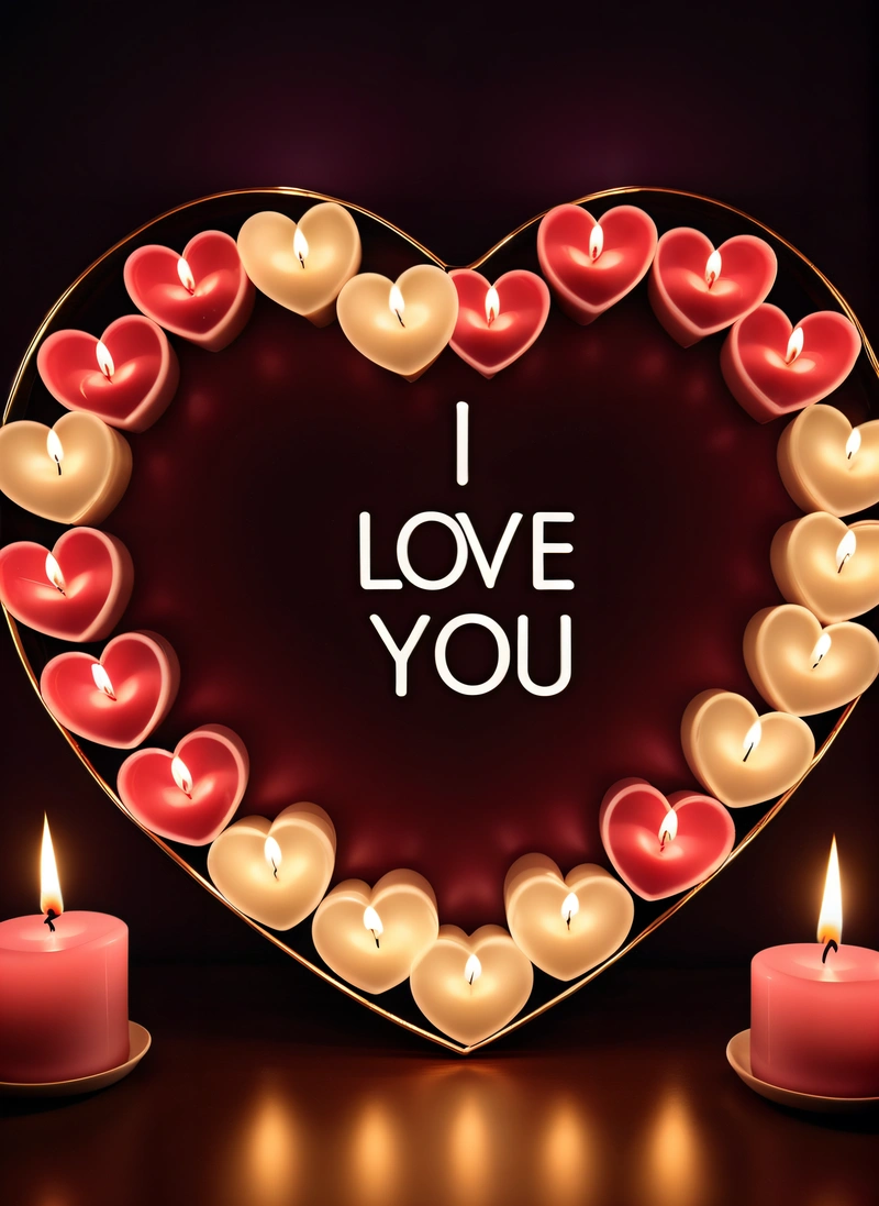 A heart shaped frame with candles and a candle holder in the shape of a heart with i love you written on it and lit candles, love, a picture, lyco art