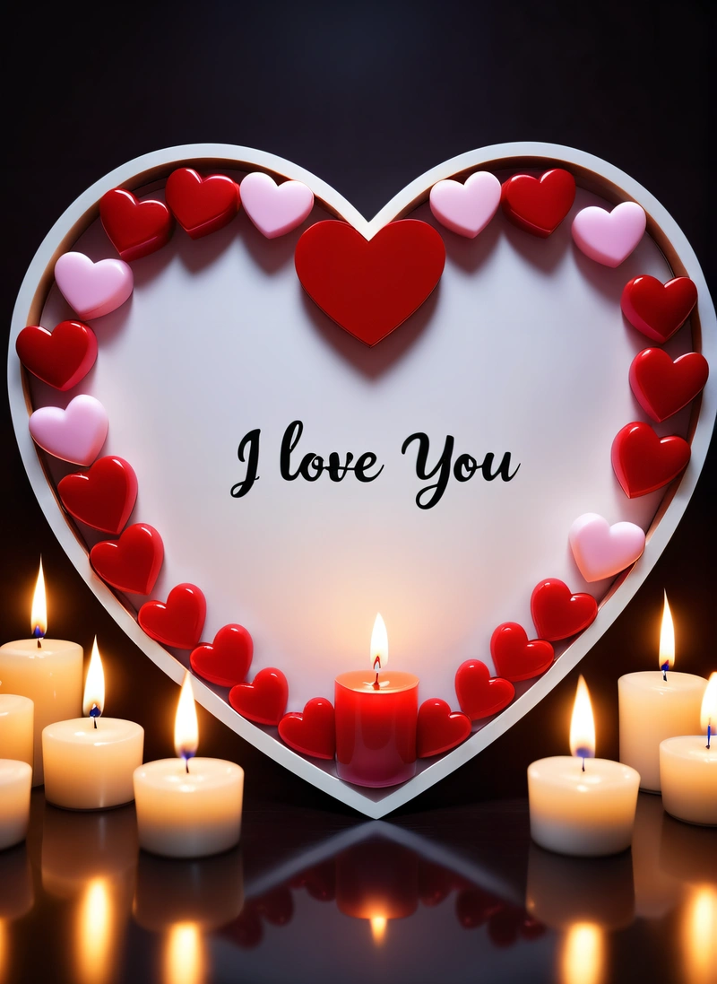 A heart shaped sign with candles surrounding it and a message i love you written on it with lit candles in front of it and a black background, love, a digital rendering, romanticism