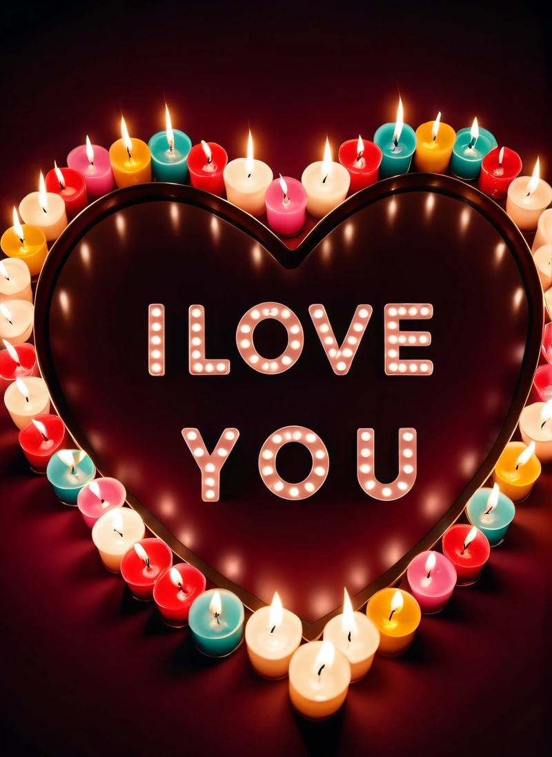 A heart shaped frame with candles in it and the words i love you written on it in the center of the heart is a lit up with candles, love, a picture, romanticism