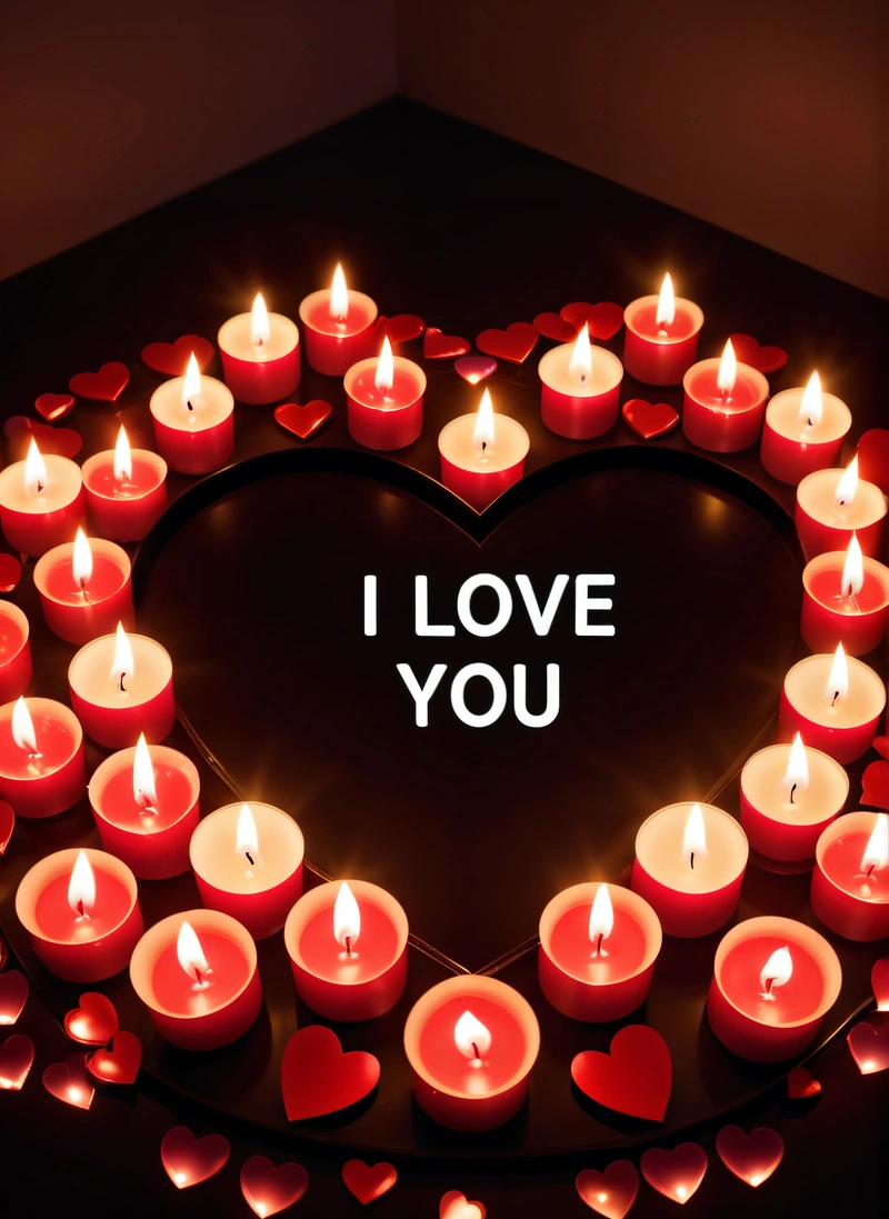 A heart shaped arrangement of candles with a message i love you in the middle of the picture with a heart shaped arrangement of candles in the middle, love, a picture, romanticism