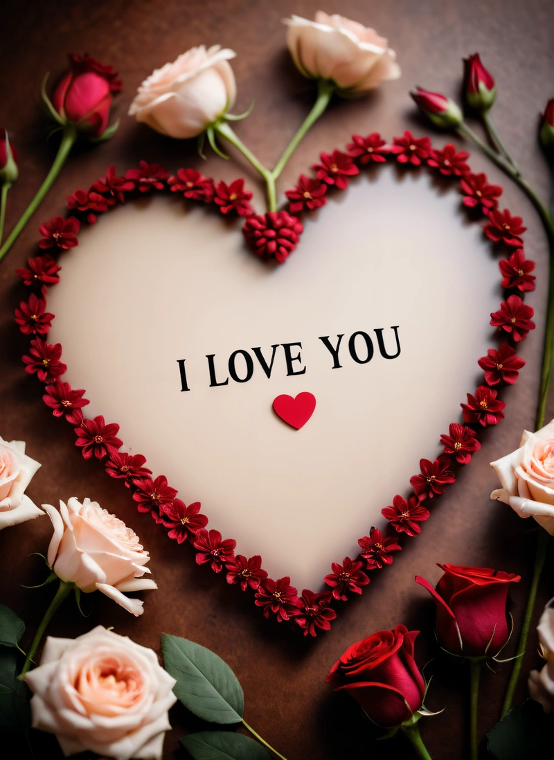 A heart shaped paper with a message on it surrounded by roses and leaves on a table with a message i love you written on it, love, a picture, romanticism