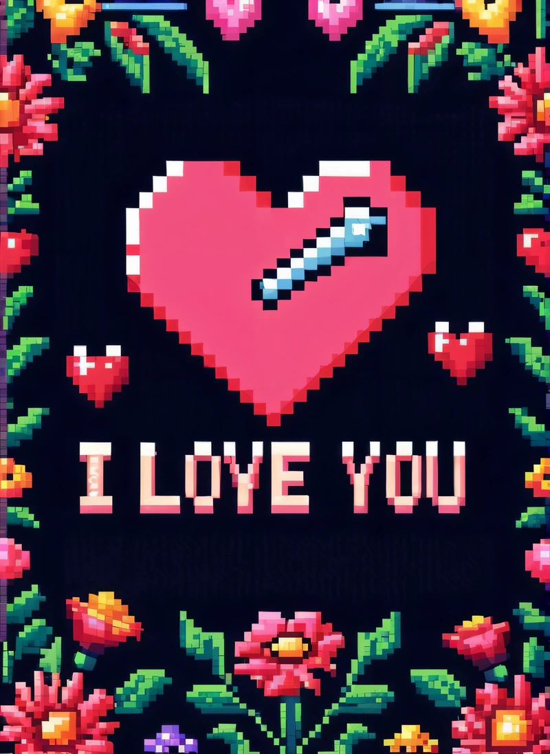 A pixel art picture of a heart with a needle in it and the words i love you written in the middle of the picture in a floral frame, key art, a cross stitch, pixel art