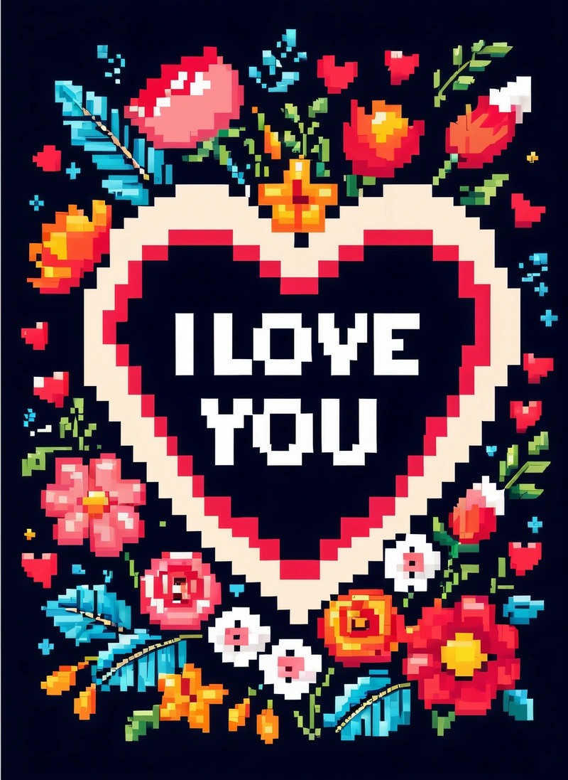 A cross stitch pattern with a heart and flowers on it that says i love you in a frame with a black background and a white border, game art, a cross stitch, pixel art