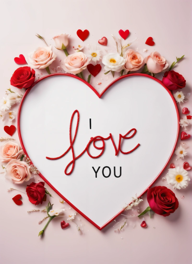 A heart shaped frame with flowers surrounding it and the words i love you written on it in red and white letters on a pink background, love, a poster, romanticism
