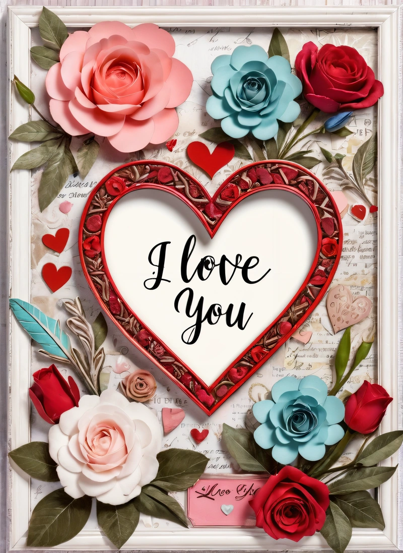 A card with a heart and flowers on it with the words i love you written on it and a heart surrounded by roses and leaves, love, a cross stitch, folk art