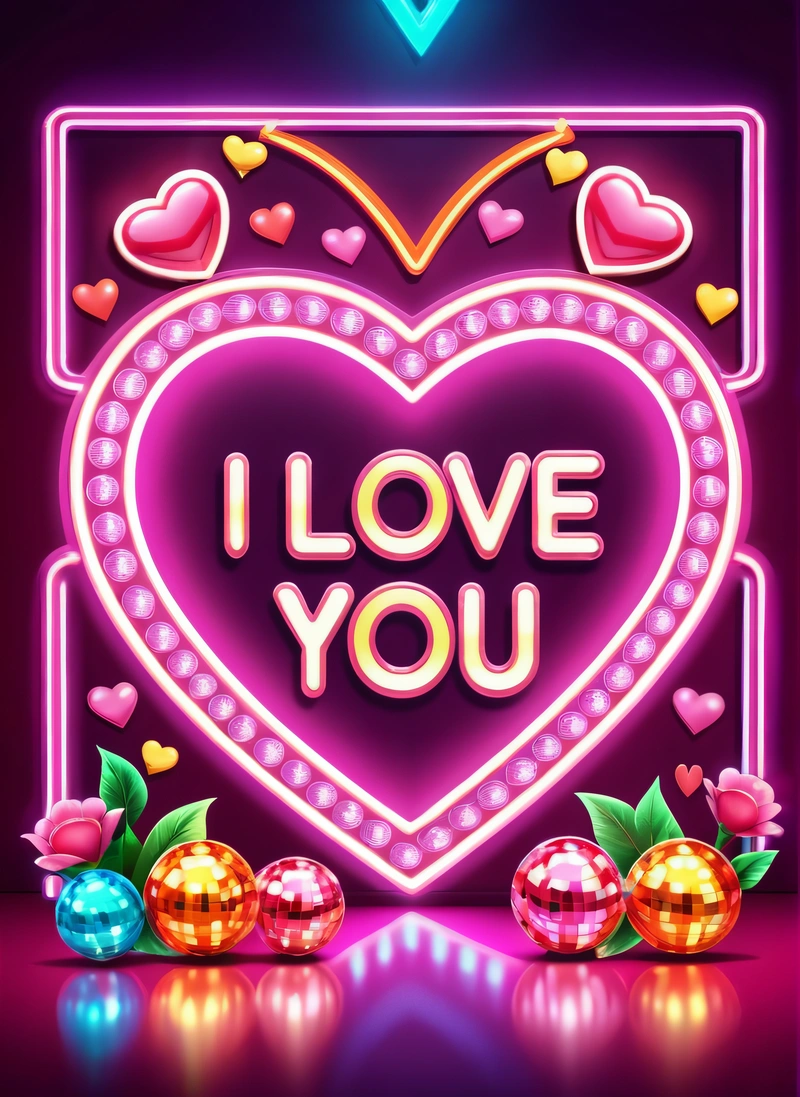 A neon sign that says i love you with hearts and flowers around it on a dark background with a neon frame and a heart with a, love, a digital rendering, net art