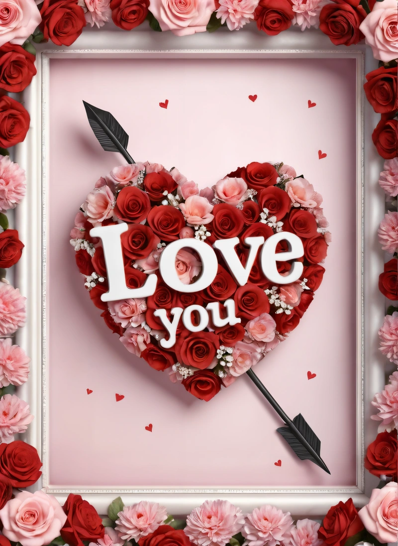 A heart shaped arrangement of roses with a love you message in the middle of it with an arrow in the middle of the frame and a pink background, love, a 3d render, folk art