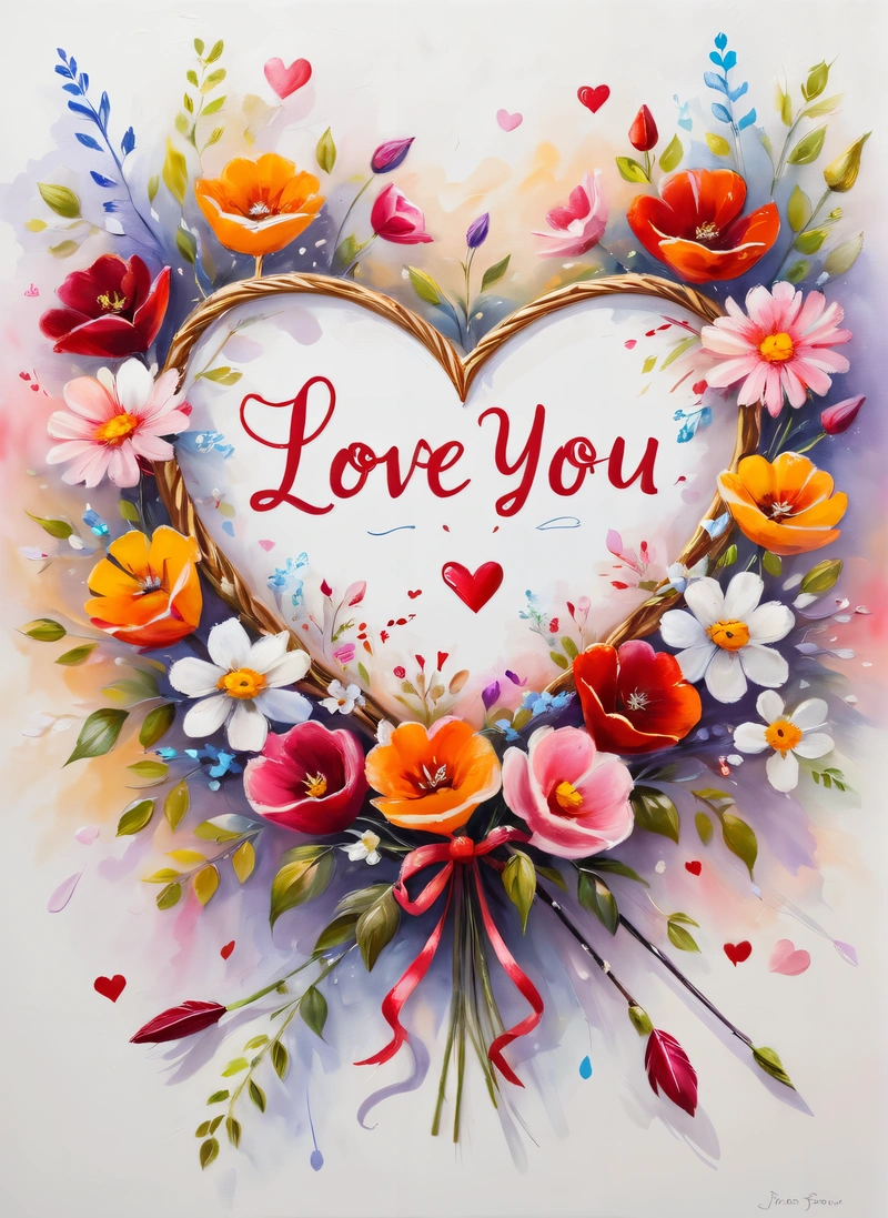 A heart shaped painting with flowers and a message that says love you on it's side, surrounded by hearts and flowers, on a white background, love, a cross stitch, lyco art