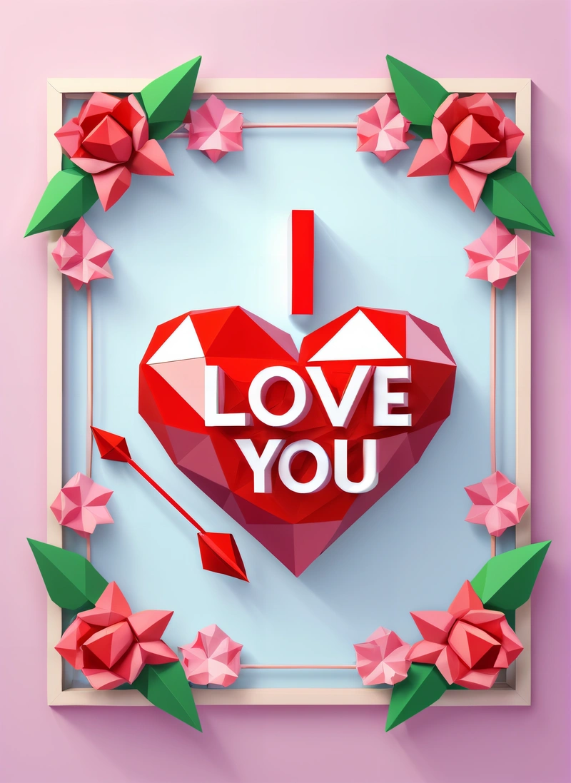 A paper cut out of a heart with the words i love you on it and flowers around it, on a pink background with a white frame, behance hd, a 3d render, lyco art
