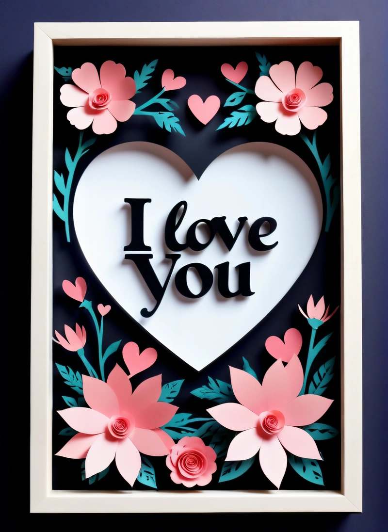 A paper cut out of a heart with flowers and leaves on it, with the words i love you written on it in black and pink, paper texture, a 3d render, folk art