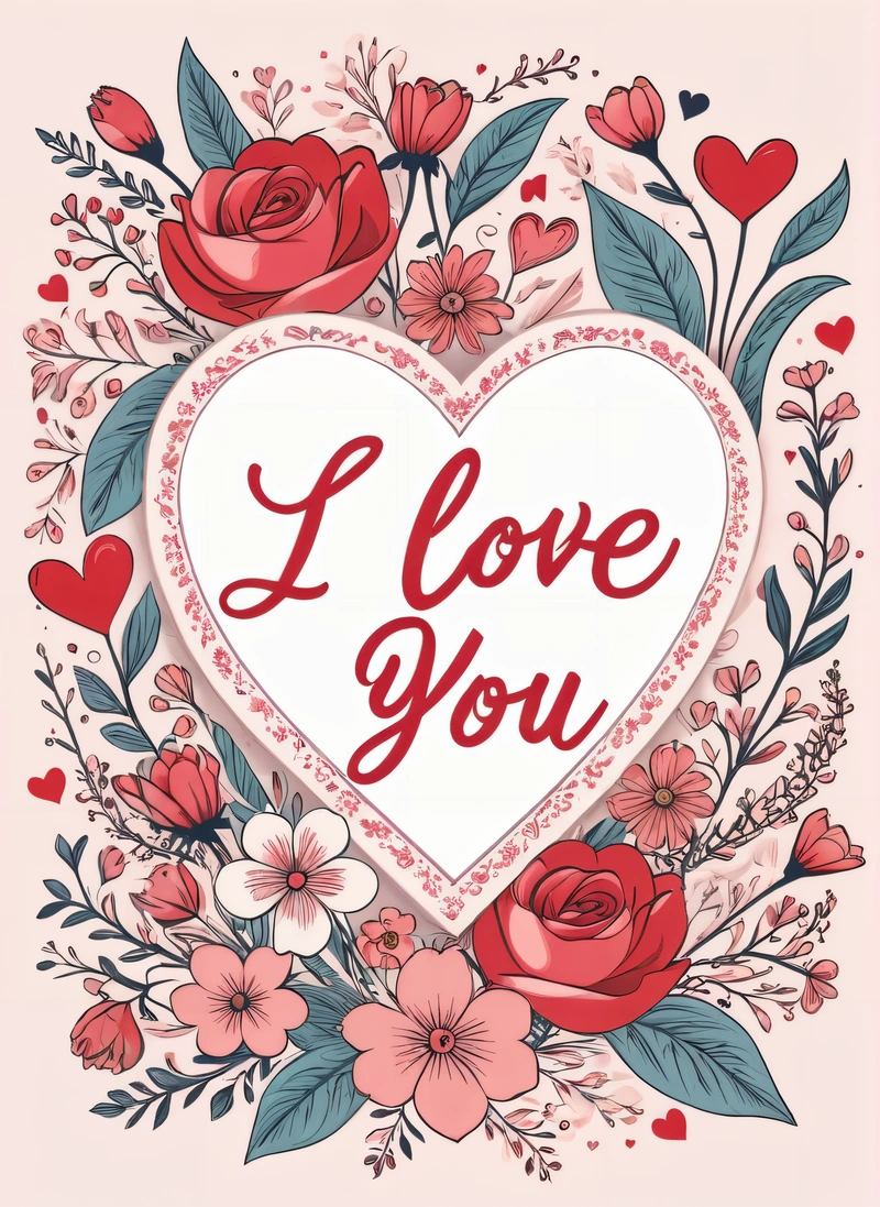 A heart with flowers and hearts on it that says i love you on the front of the card, with the words i love you in the center, love, a poster, romanticism